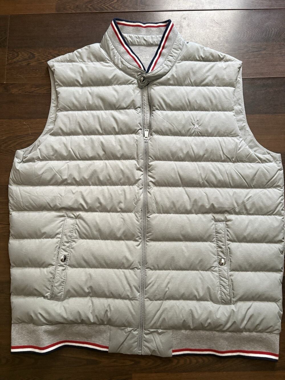 Polo Ralph Lauren Gray Down Puffer Vest Striped Trim XL